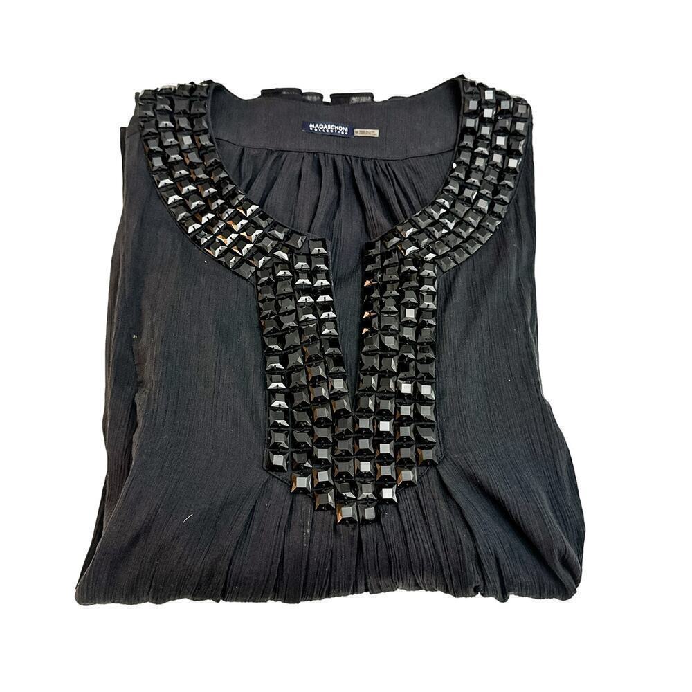 Magaschoni Black Embellished Beaded Neck Tunic Top Size 10